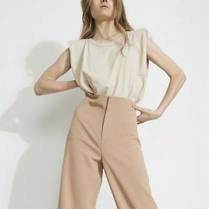 Bardot NWT Tan UMA Tee Shirt Shoulder Pads Sleeveless Crew Neck Top M